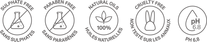 Sulphate free, paraben free, 100% natural oils, cruelty free, pH 6.8